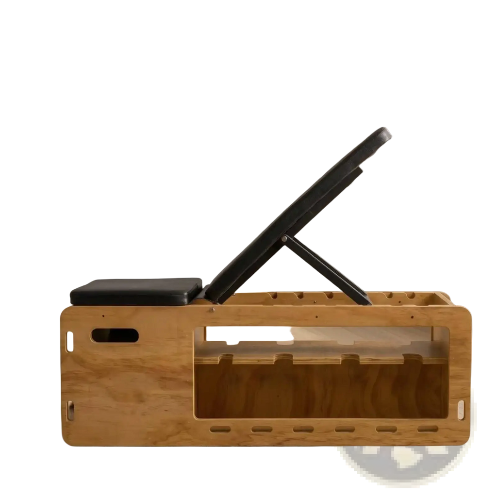 Wooden adjustable weight bench with light wood frame black padded seat and adjustable incline platform for home gym fitness