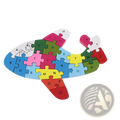 Colorful wooden alphabet animal and vehicle jigsaw puzzle shaped like a shark with vibrant lettered pieces in blue green pink yellow and red