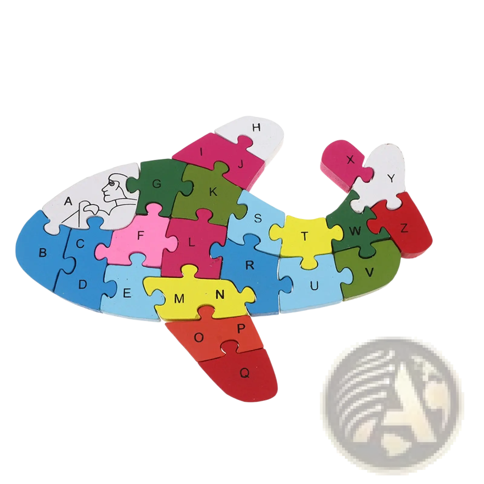 Colorful wooden alphabet animal and vehicle jigsaw puzzle shaped like a shark with vibrant lettered pieces in blue green pink yellow and red
