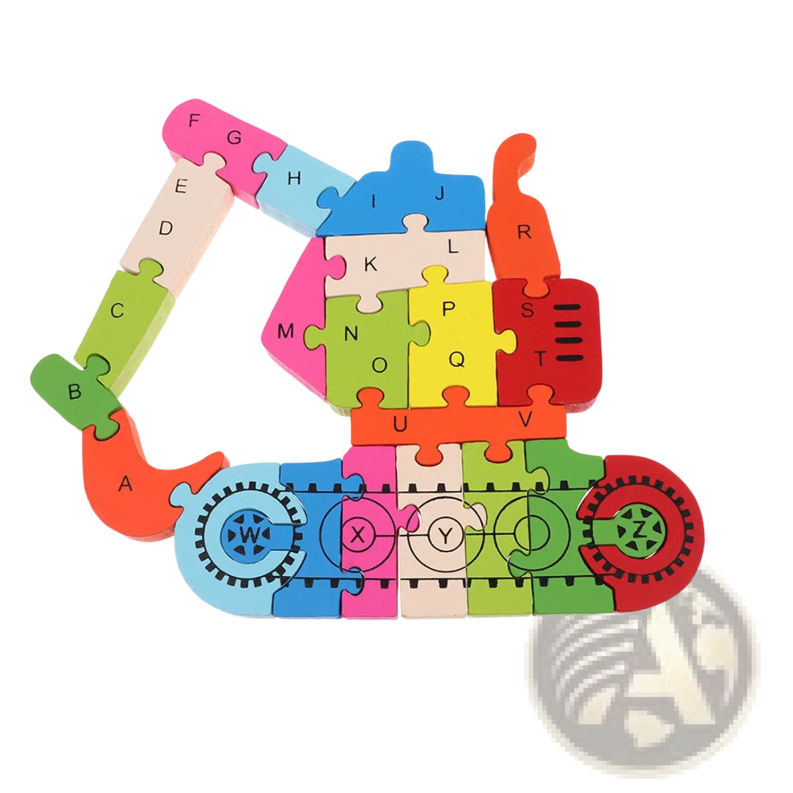 Colorful wooden alphabet puzzle shaped like a construction excavator with lettered pieces in pink blue green orange and red