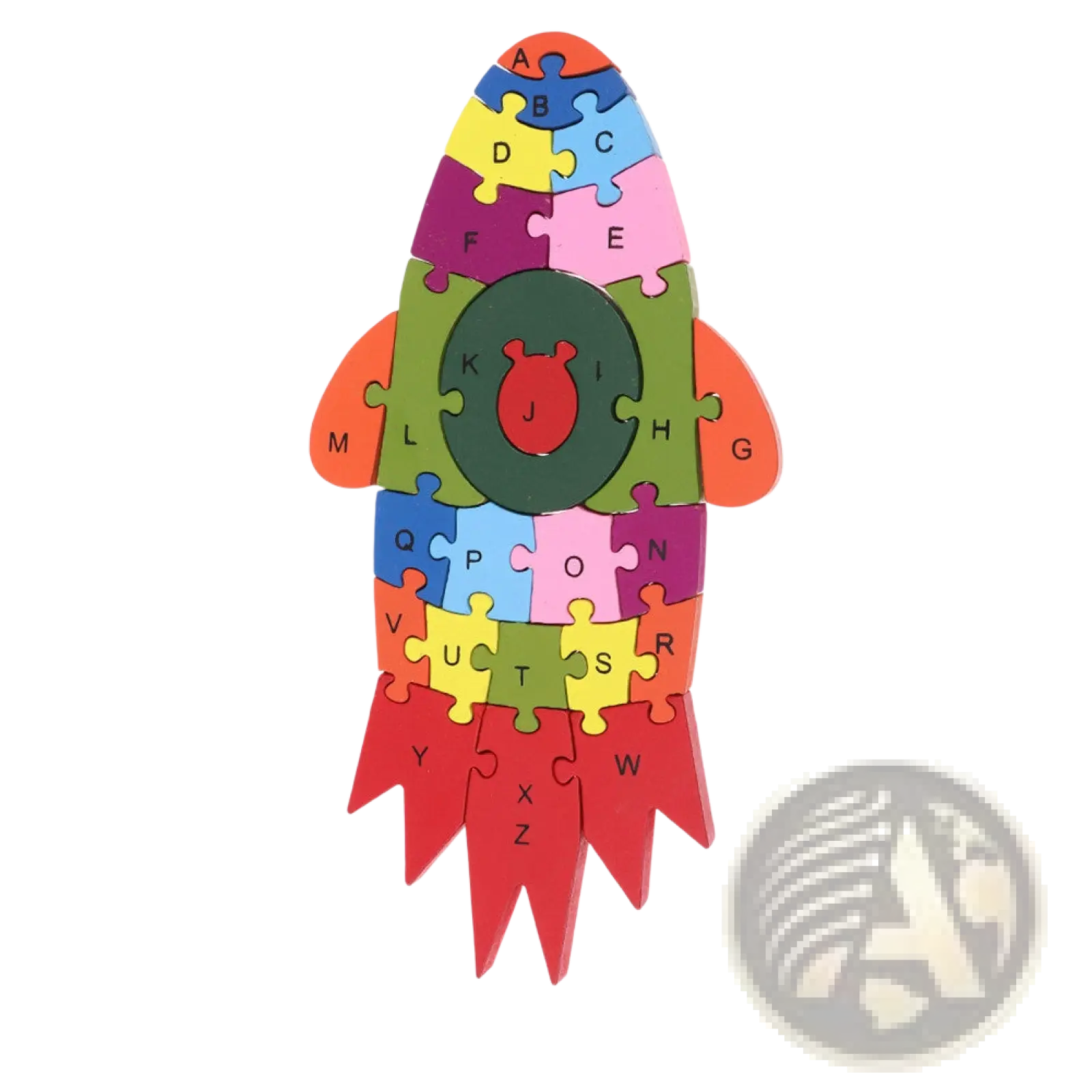 Colorful wooden rocket-shaped alphabet puzzle featuring letters from A to Z in the Wooden Alphabet Animal and Vehicle Jigsaw Puzzles
