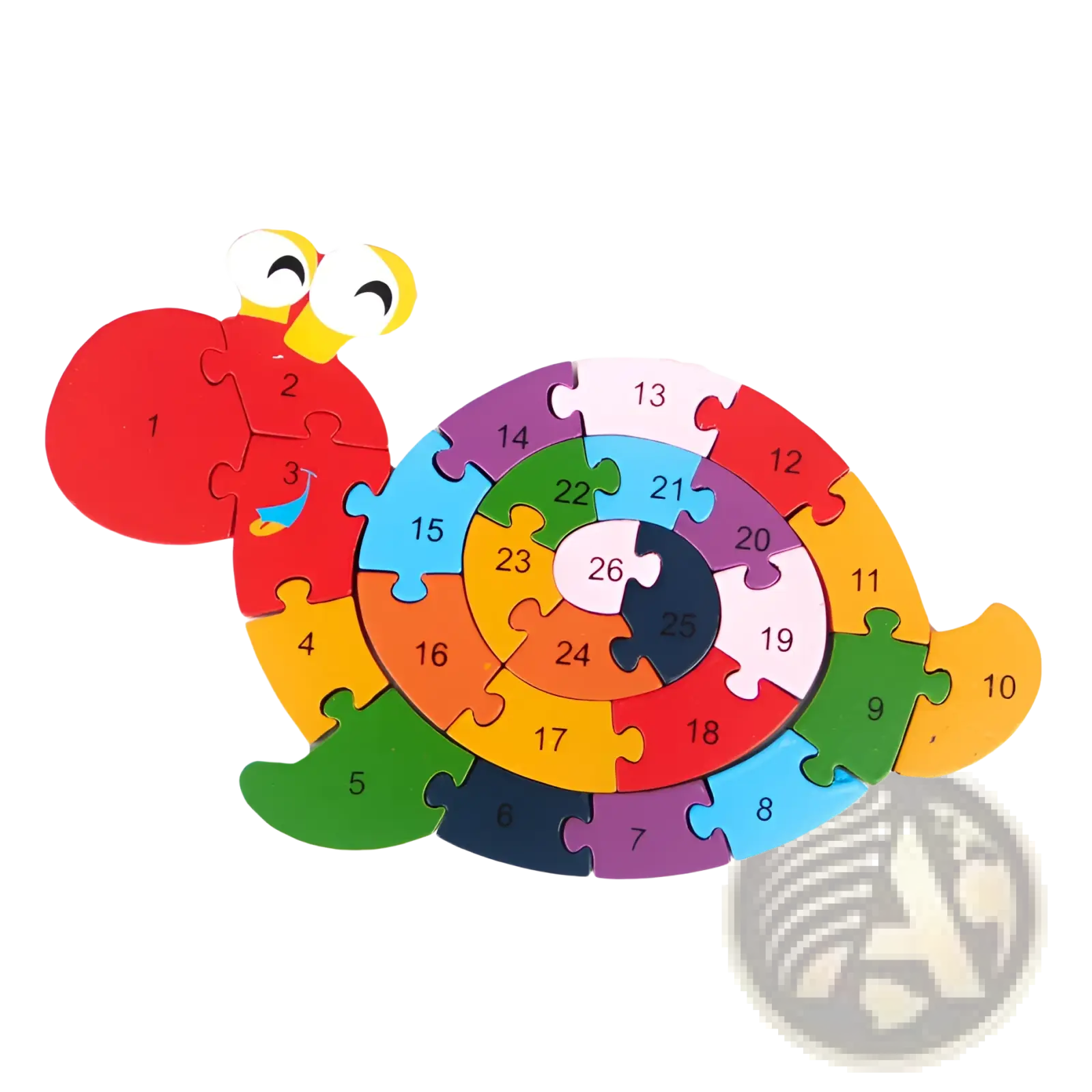 Colorful wooden alphabet animal and vehicle jigsaw puzzle shaped like a snail with numbered rainbow pieces