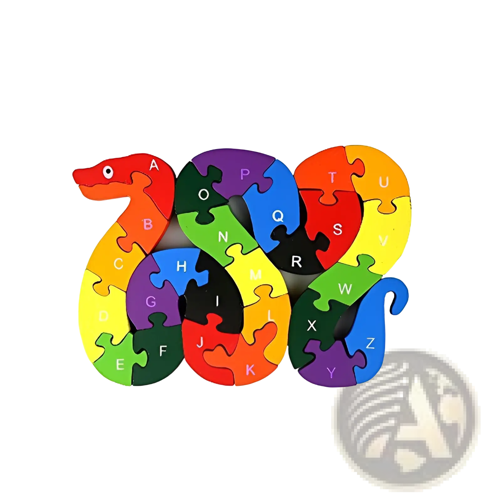 Wooden alphabet animal and vehicle jigsaw puzzle featuring a colorful wooden snake shaped puzzle with letter segments