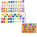 Wooden alphabet number puzzle fishing toy set with colorful magnetic fish, numbers, shapes, and alphabet pieces
