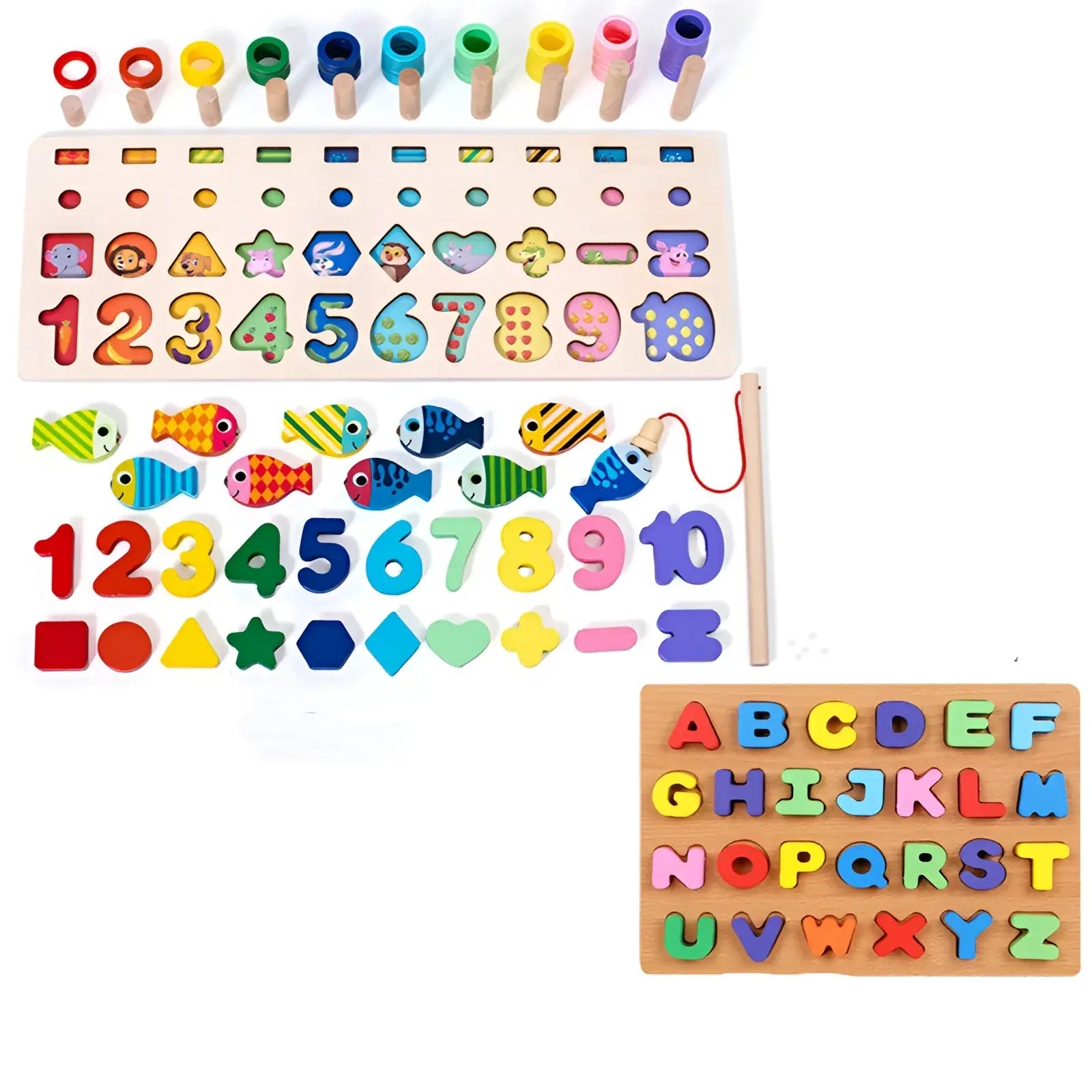 Wooden alphabet number puzzle fishing toy set with colorful magnetic fish, numbers, shapes, and alphabet pieces