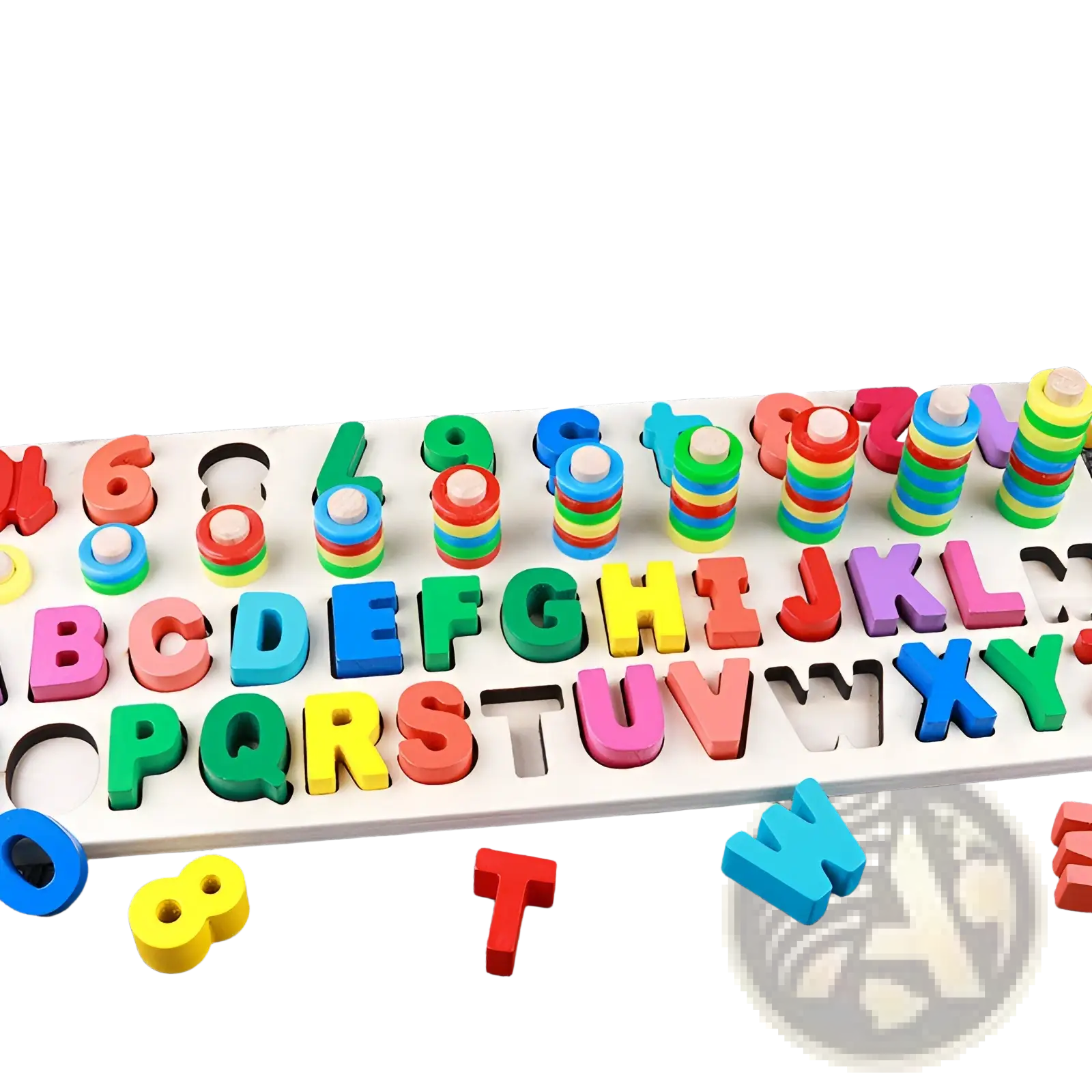 Wooden alphabet number puzzle fishing toy set with colorful wooden letters numbers and rainbow-stacked rings