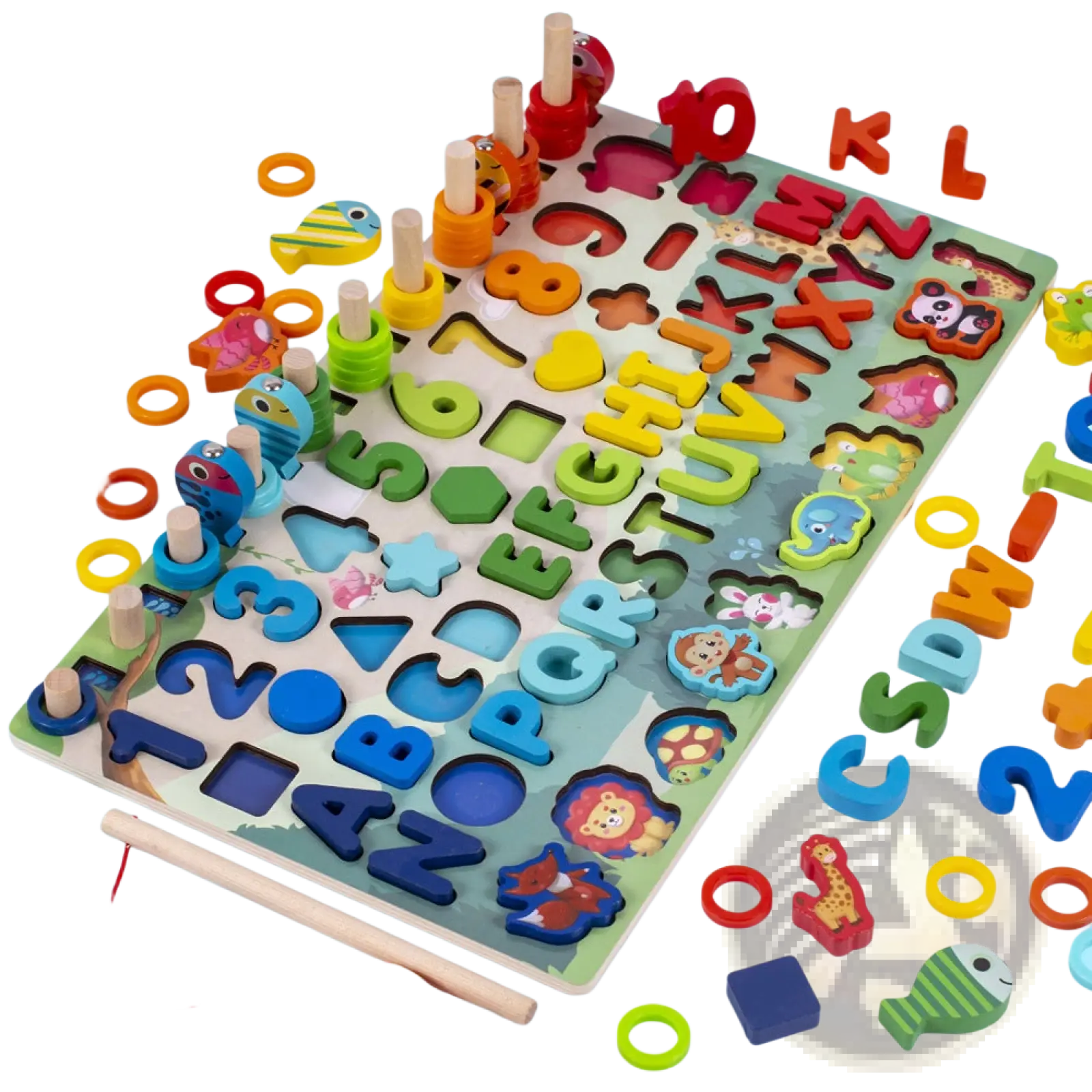 Colorful wooden alphabet number puzzle fishing toy set with animal-shaped inserts for educational play