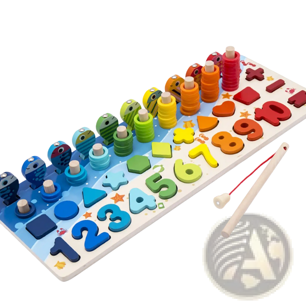 Colorful wooden alphabet number puzzle fishing toy set with fish-themed shaped pegs for educational play