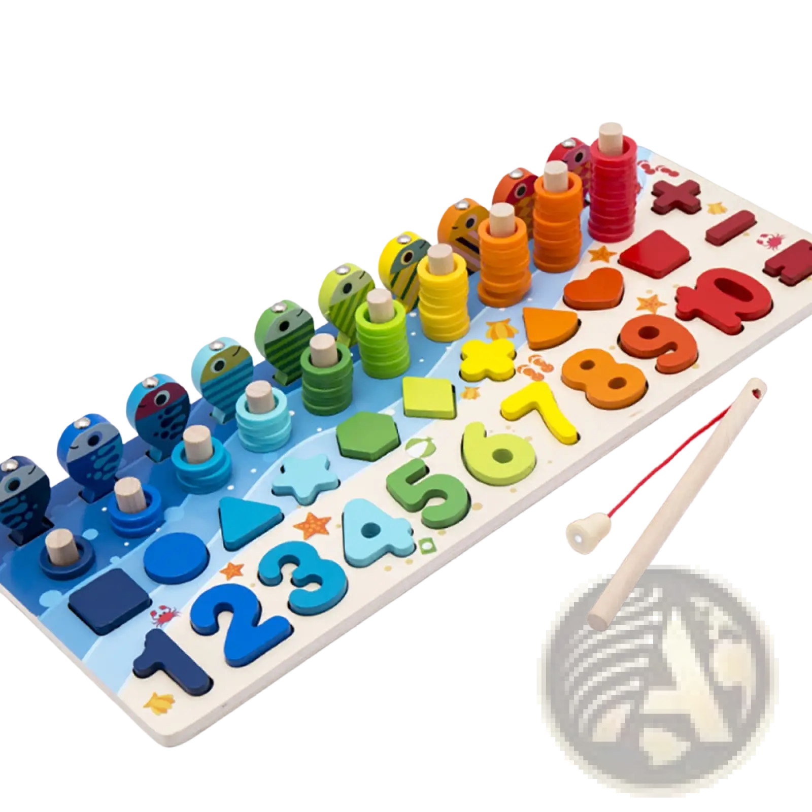Colorful wooden alphabet number puzzle fishing toy set with fish-themed shaped pegs for educational play
