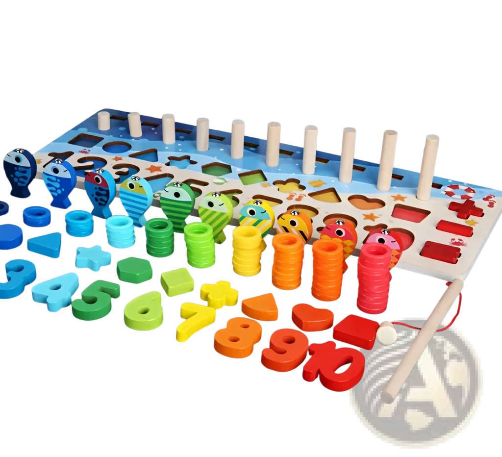 Wooden alphabet number puzzle fishing toy set with colorful fish-shaped pegs, numbered blocks, and magnetic rod