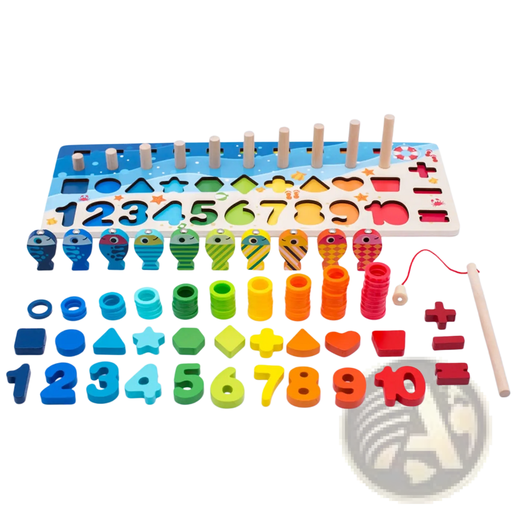 Wooden alphabet number puzzle fishing toy set with colorful fish-shaped and rainbow wooden blocks for educational play
