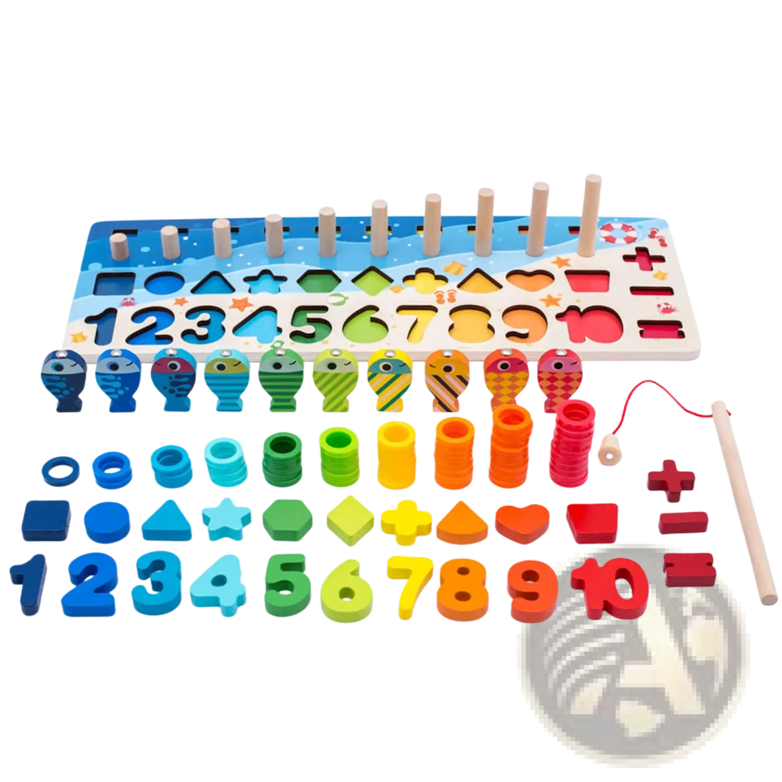 Wooden alphabet number puzzle fishing toy set with colorful fish-shaped and rainbow wooden blocks for educational play