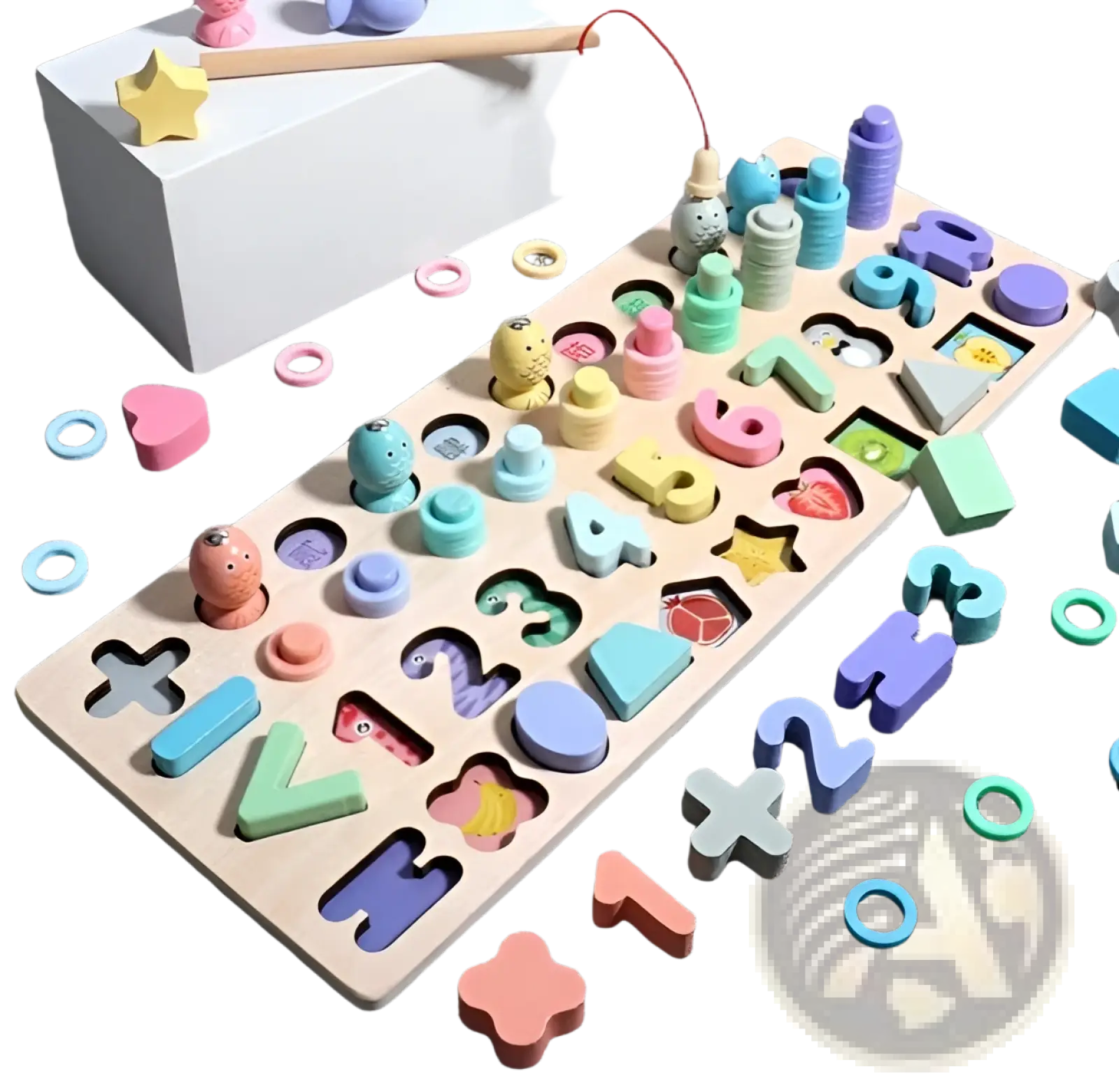 Colorful wooden alphabet number puzzle board with cutouts for letters numbers and shapes in a fishing toy set