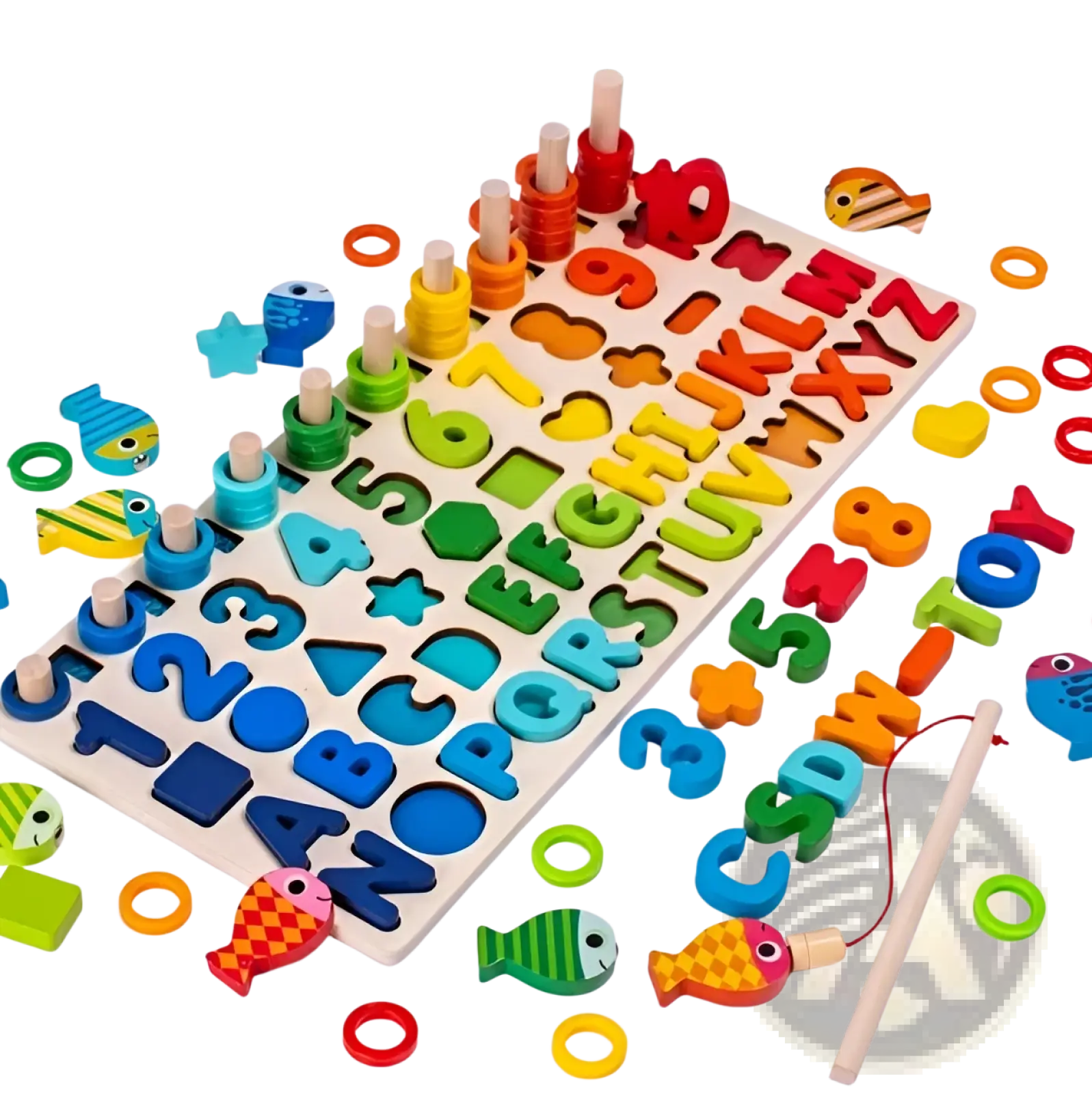 Colorful wooden alphabet number puzzle fishing toy set with matching fish-shaped magnetic pieces on a board