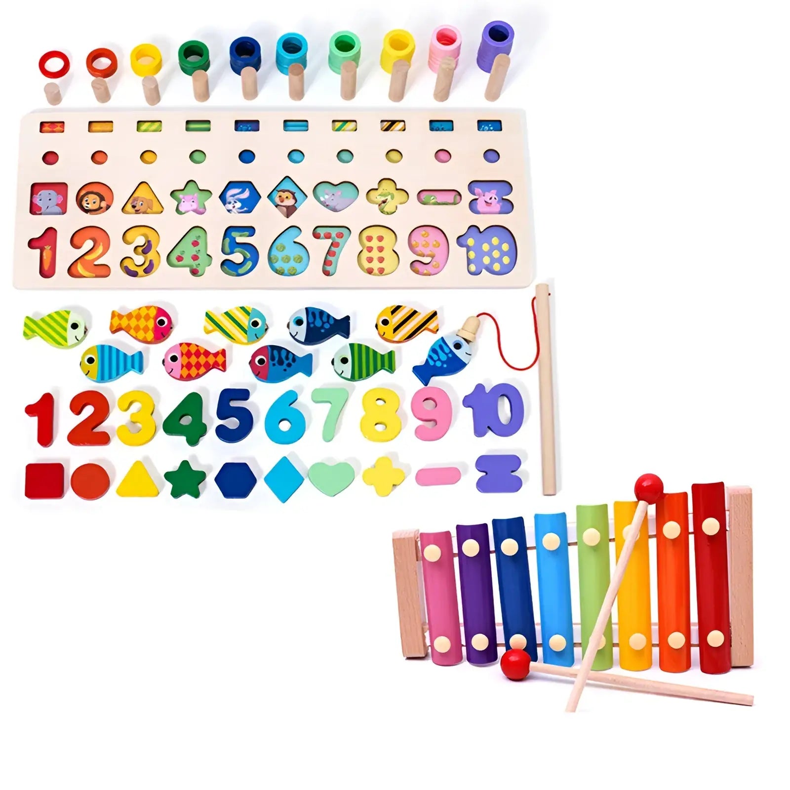 Wooden alphabet number puzzle fishing toy set featuring a rainbow-colored wooden xylophone with matching mallets