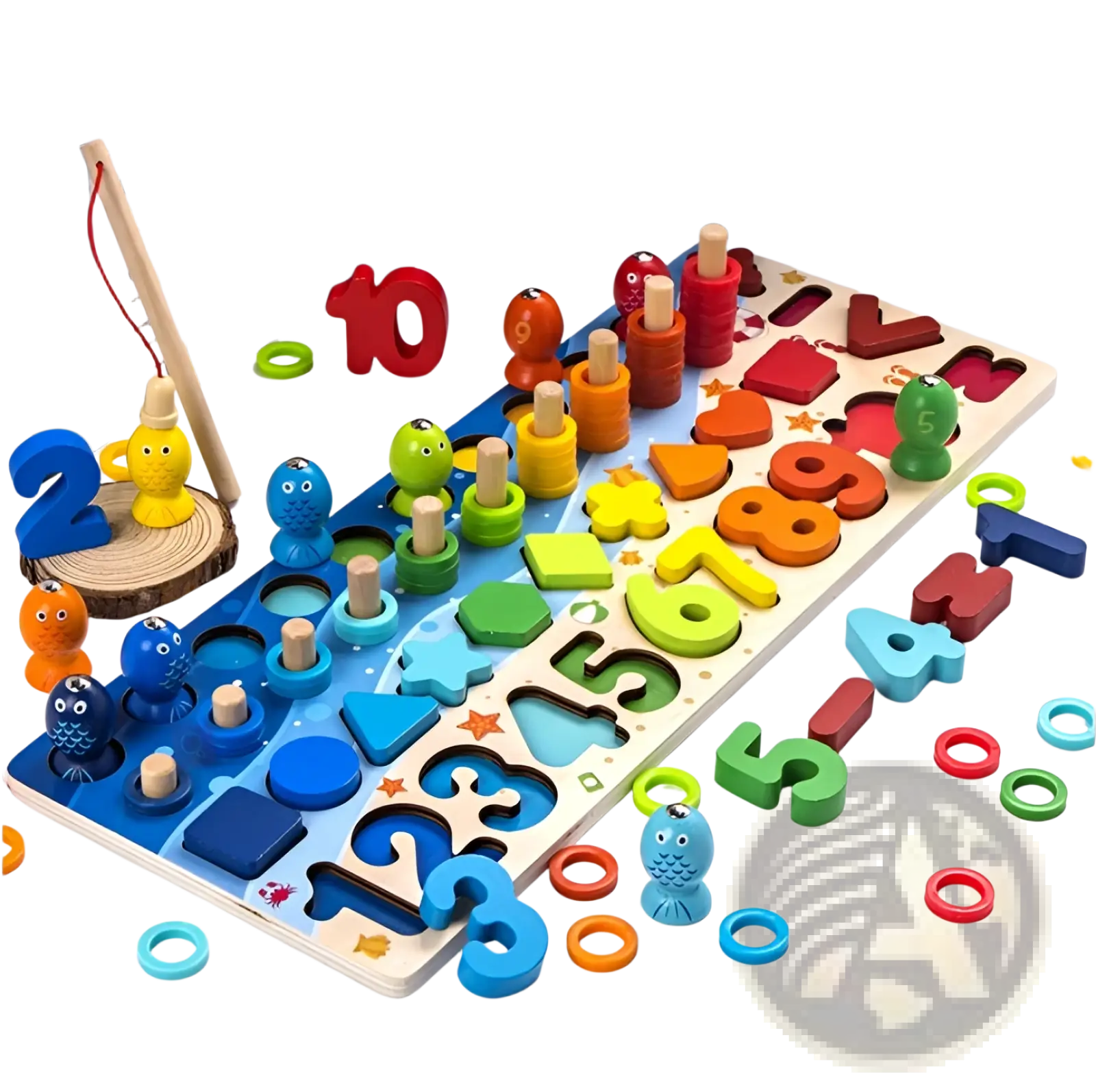 Colorful wooden alphabet number puzzle fishing toy set with shaped slots fish pegs and matching rings for learning