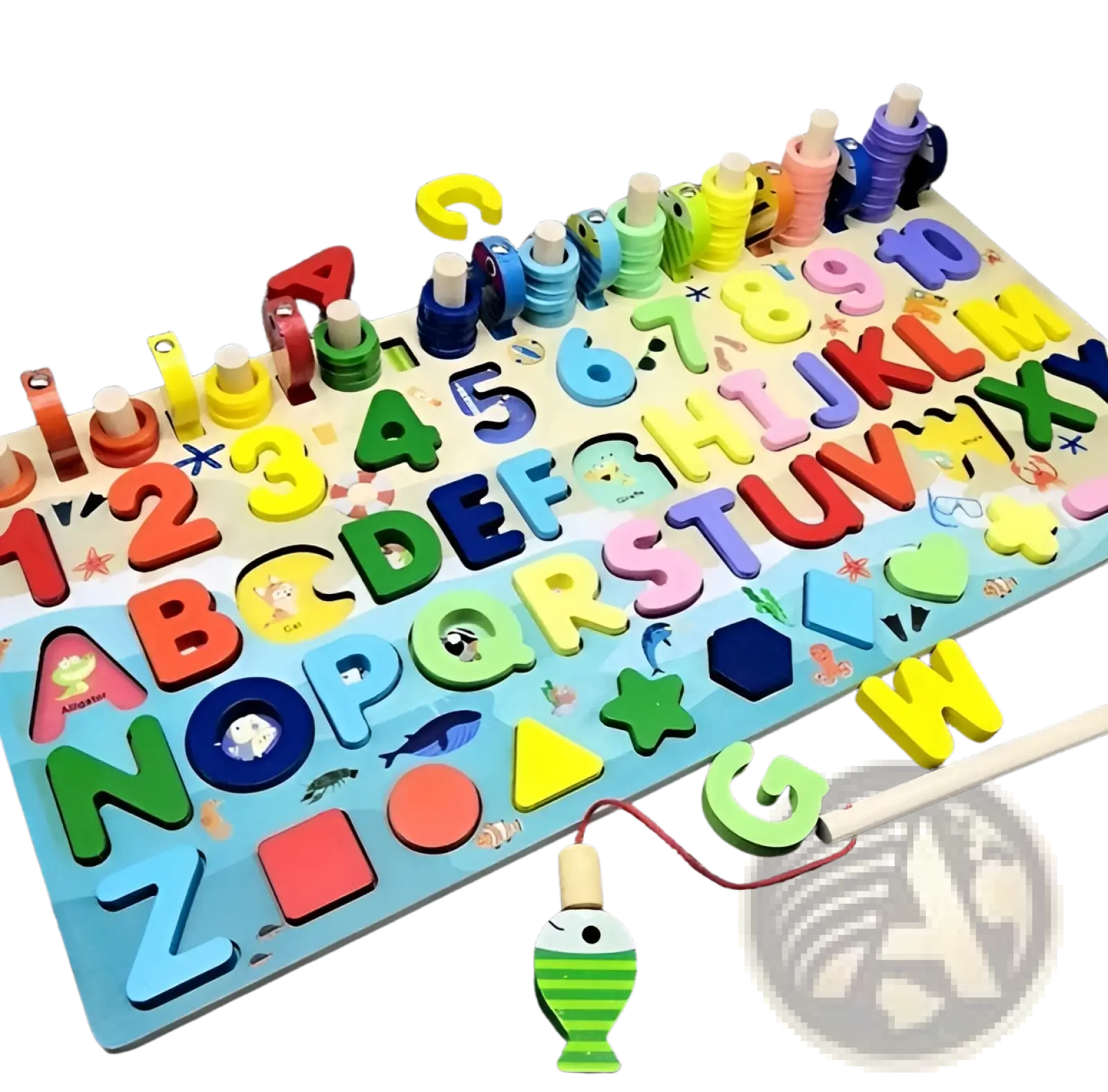 Colorful wooden alphabet and number puzzle board with a fishing game set for educational play and skill development