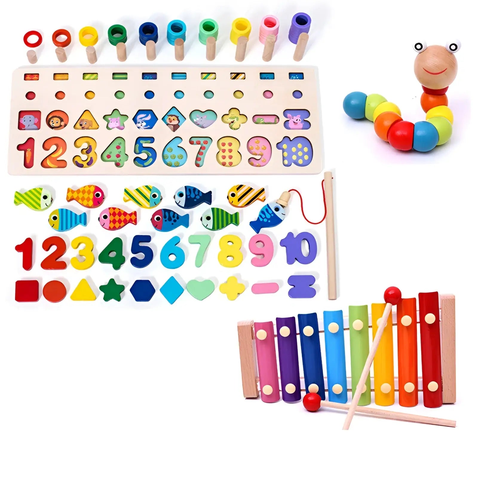 Colorful wooden xylophone with rainbow-colored bars and matching mallets in a wooden alphabet number puzzle fishing toy set