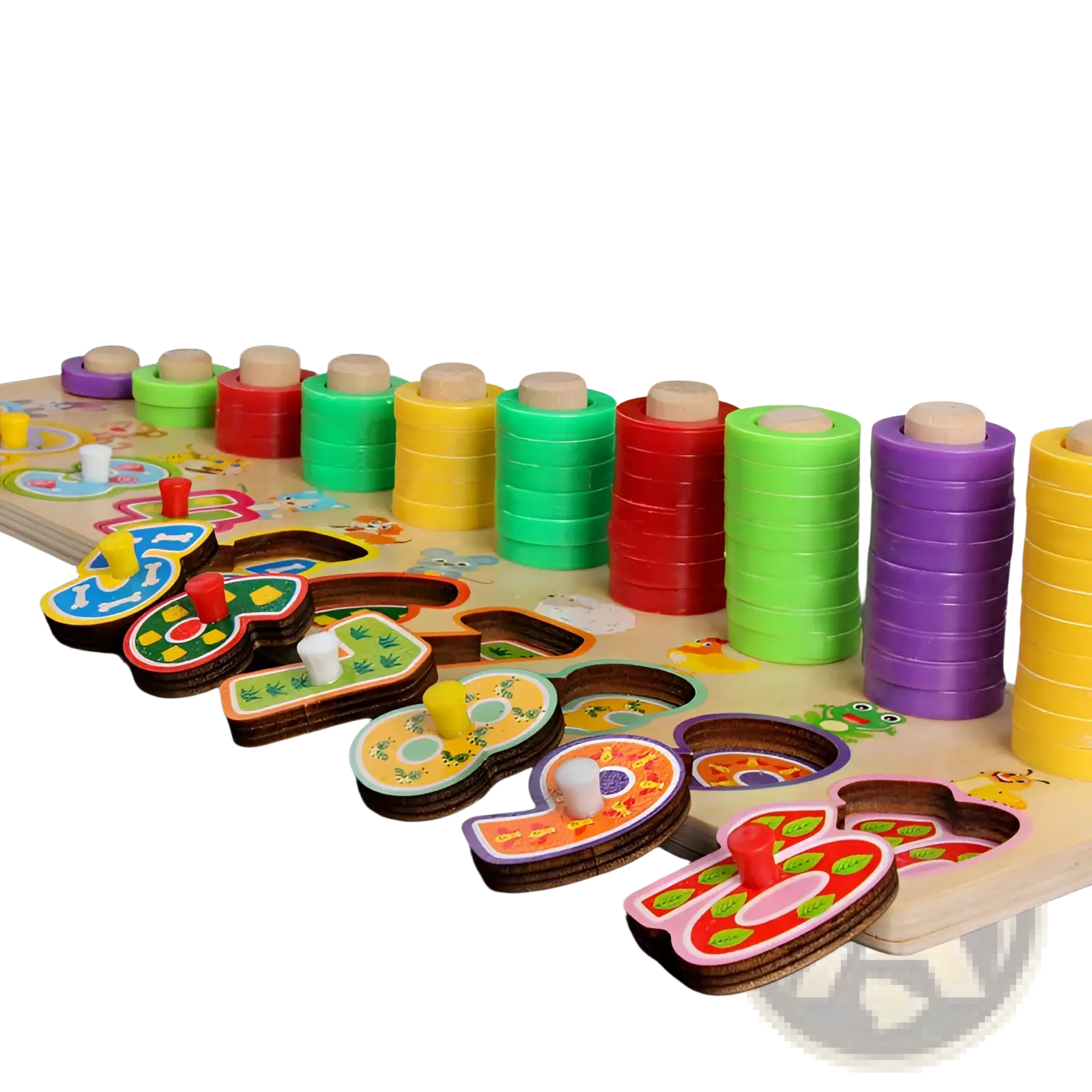 Colorful wooden alphabet number puzzle fishing toy set with stacked cylindrical pieces and illustrated digit cutouts