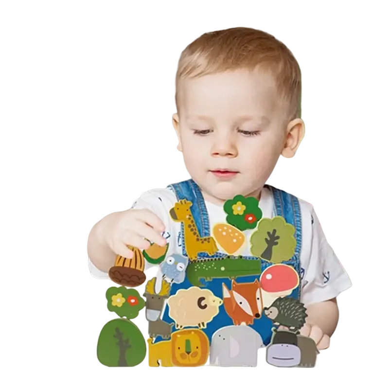 A child in blue denim overalls holds colorful wooden animal building blocks for baby early education play