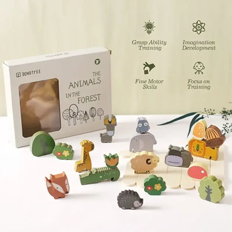 Wooden animal balancing building blocks in pastel and earthy tones with detailed cutouts for baby early education