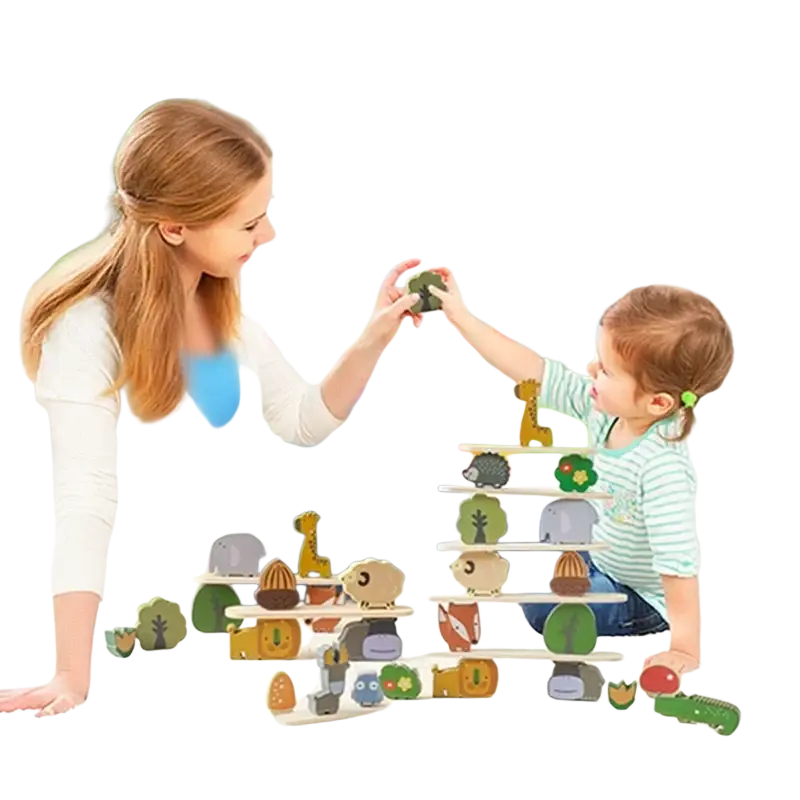 Wooden animal building block toy with colorful painted animals and green foliage for baby early education