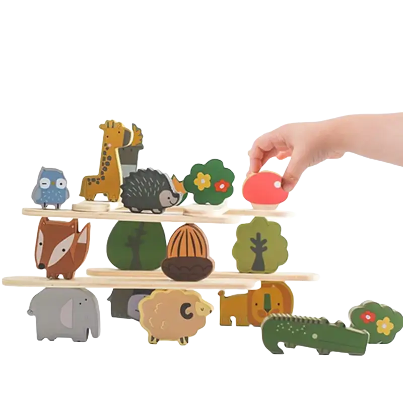 Wooden animal balancing building blocks featuring colorful animal and nature-themed cutouts for baby early education
