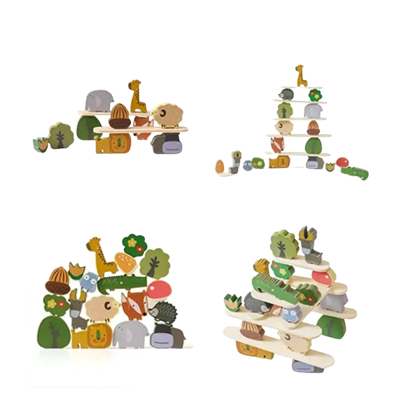 Wooden animal balancing building blocks in pastel colors for baby early education and stacking play