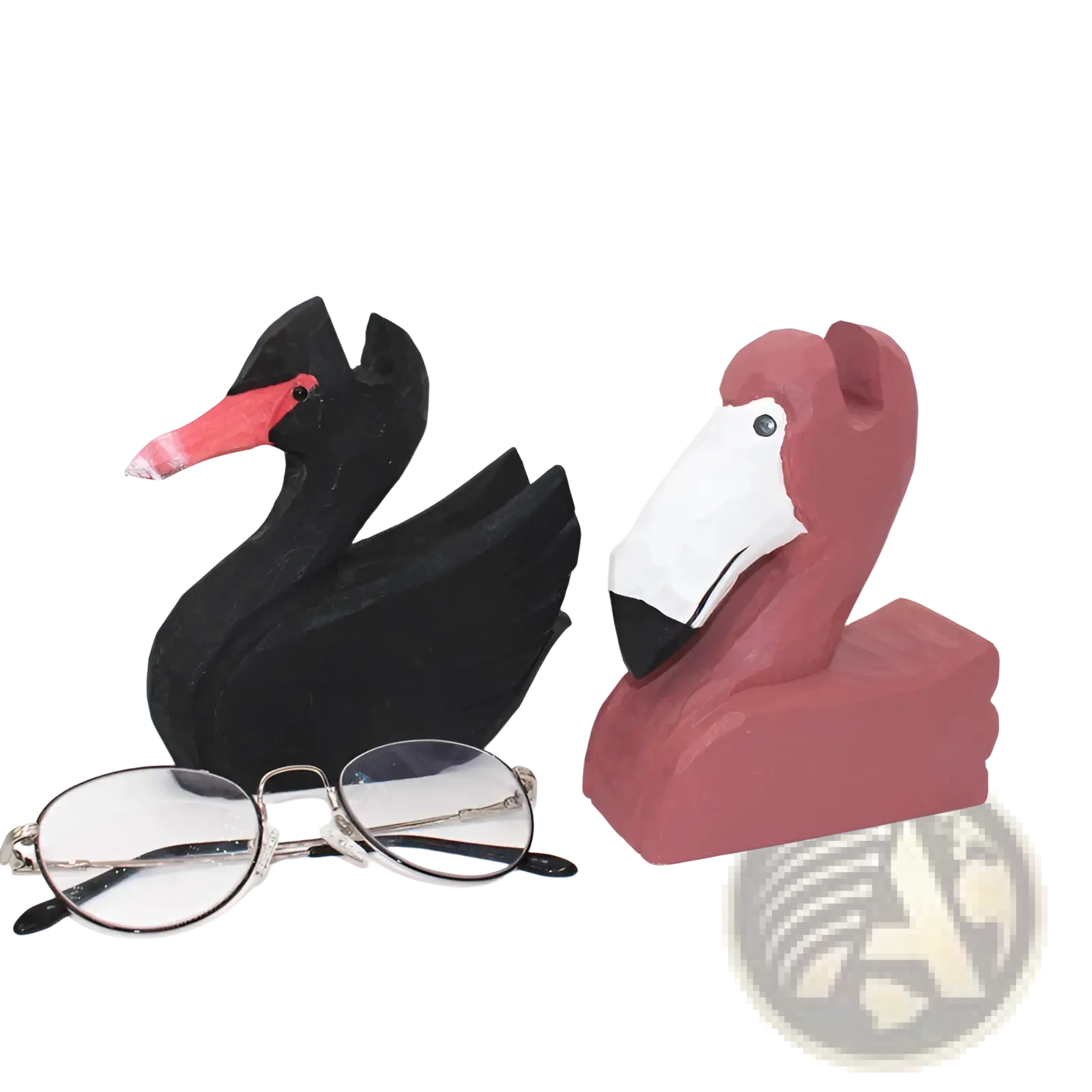 Wooden animal glasses holder decorative bookends shaped as black and pink wooden bird figurines with painted beaks