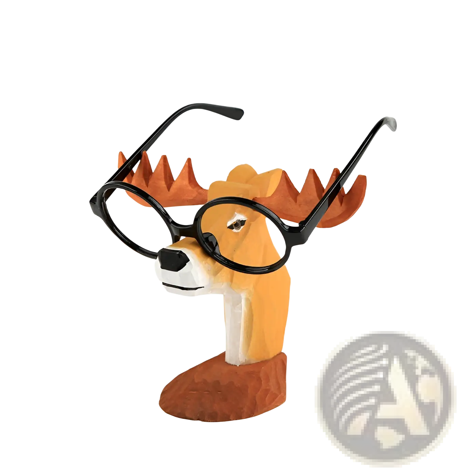 A charming orange and white wooden deer glasses holder with black antlers and black-framed glasses for home decor