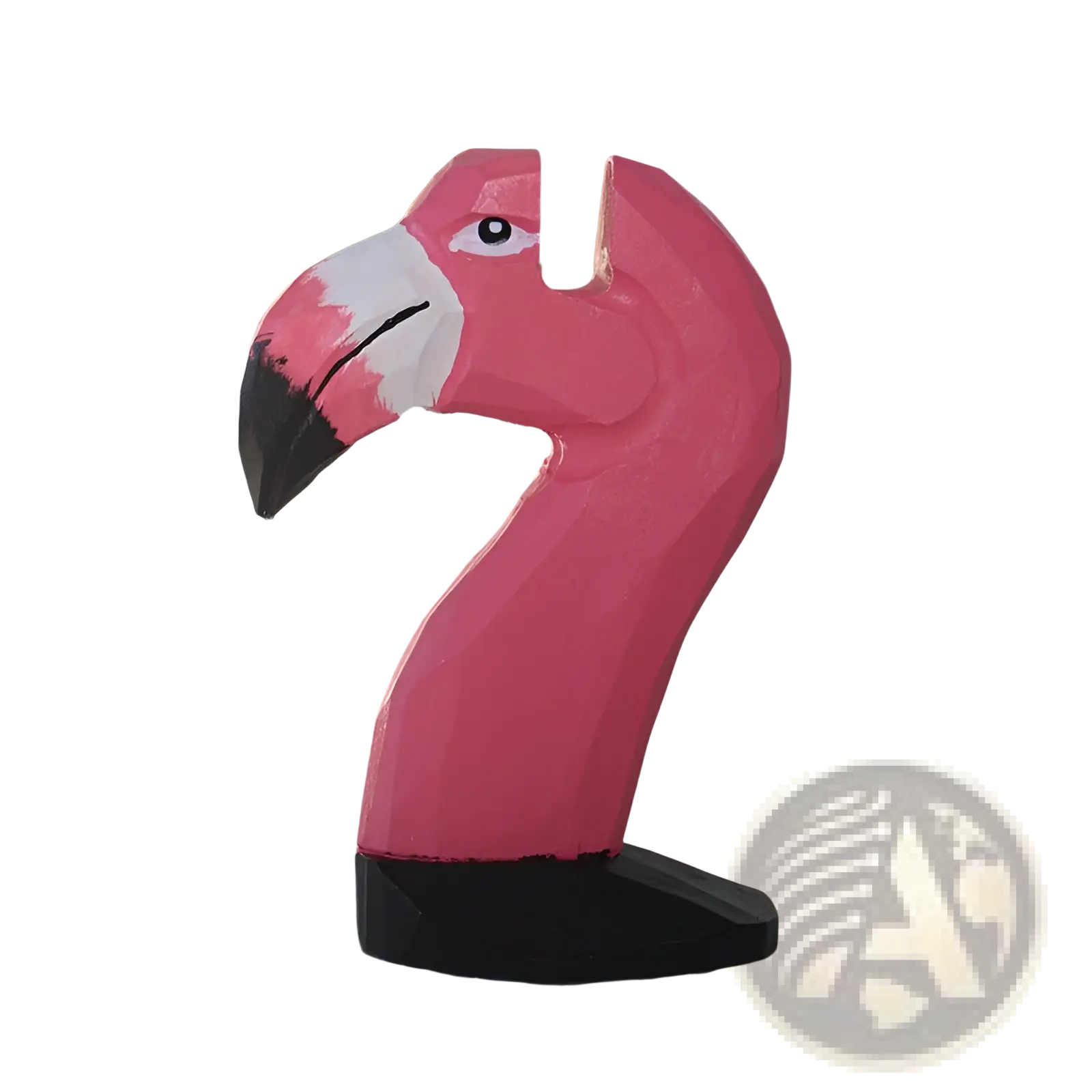 A vibrant pink wooden flamingo-shaped glasses holder with a white and black beak on a black base for home decor