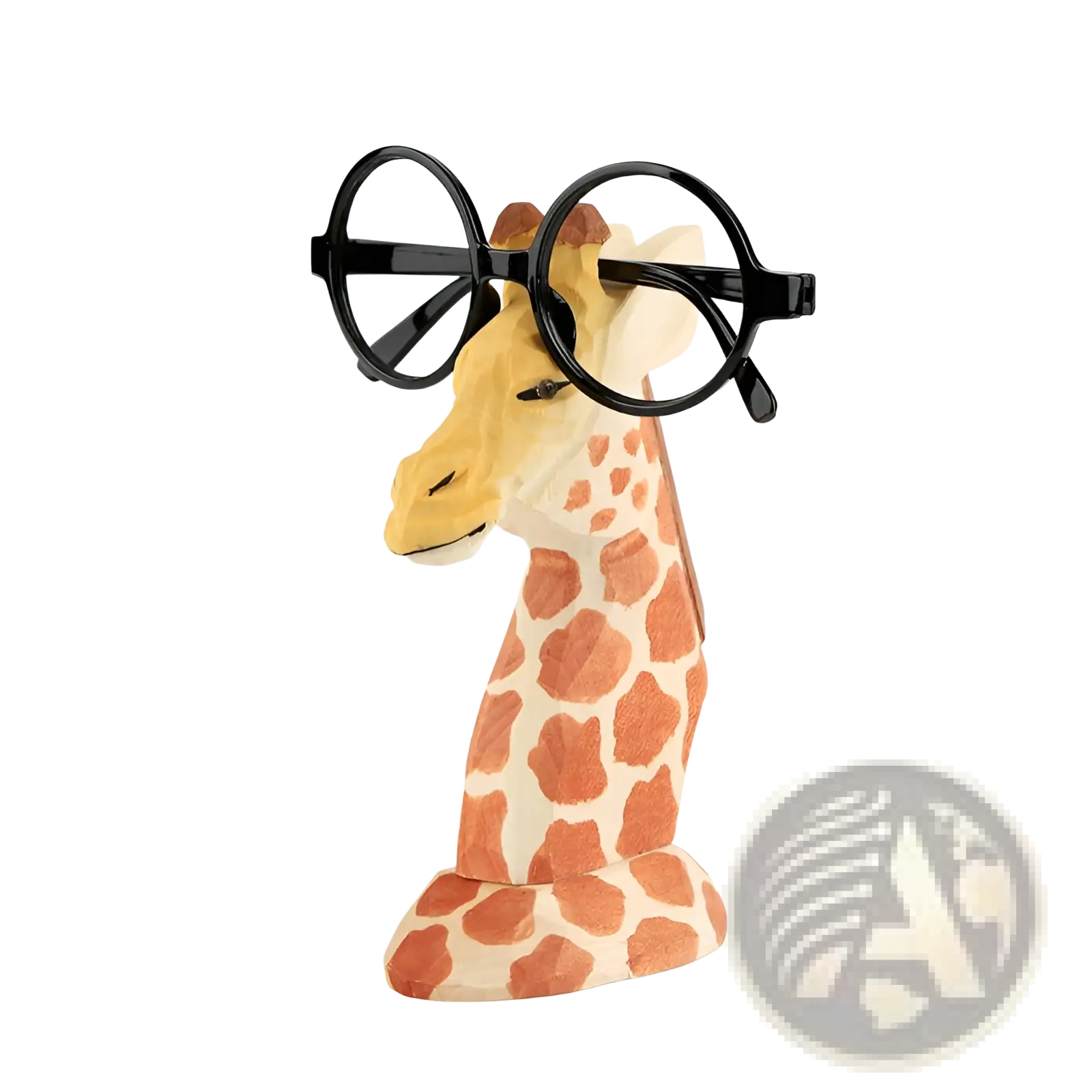 Wooden animal glasses holder shaped like a cream giraffe with orange spots and black round-framed spectacles for home decor