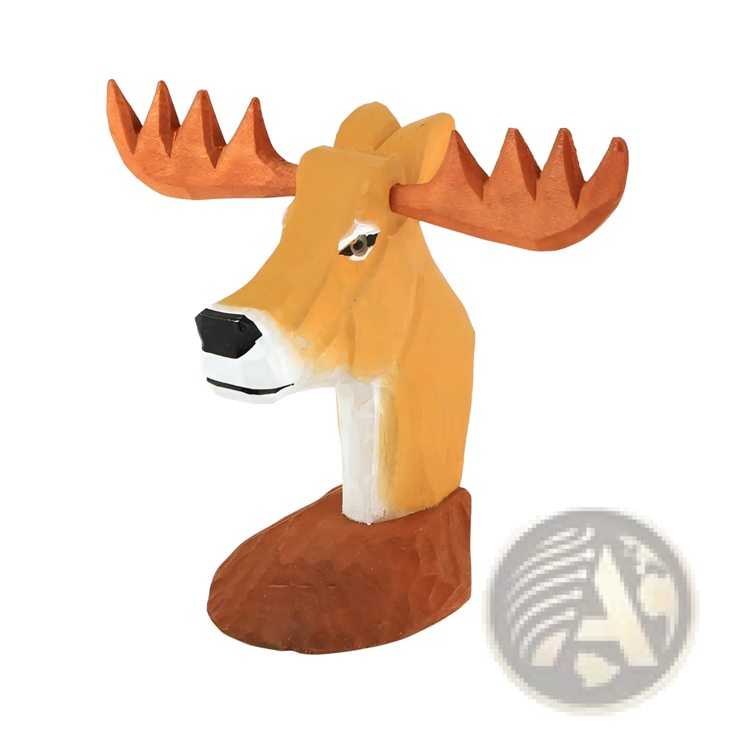 Hand-carved wooden moose head glasses holder with painted orange antlers tan face and white muzzle for home decor