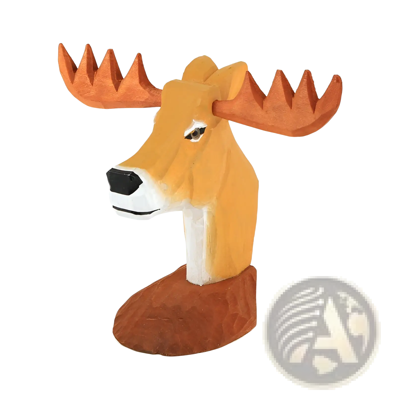 Hand-carved wooden moose head glasses holder with painted orange antlers tan face and white muzzle for home decor