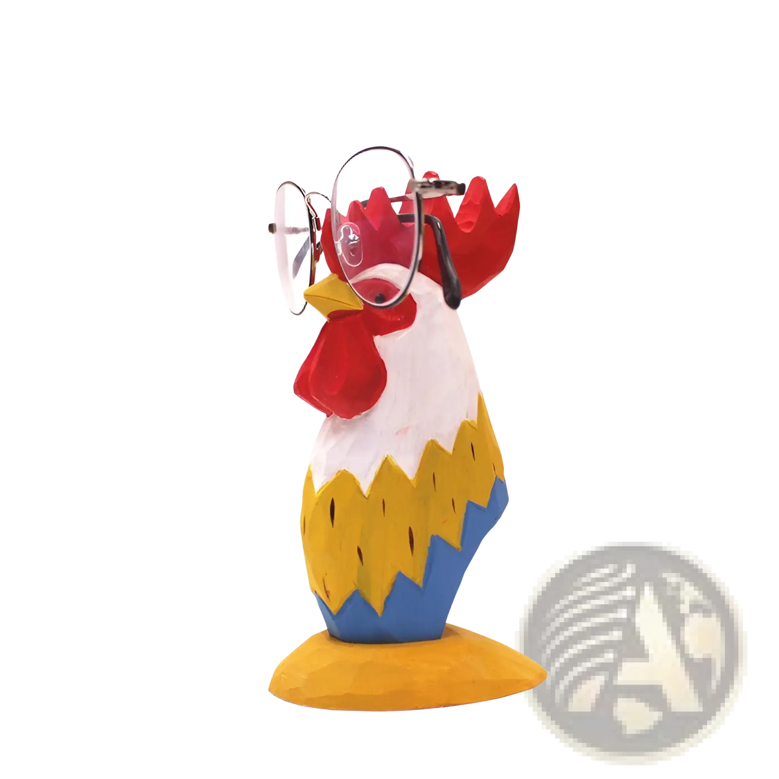Colorful wooden rooster-shaped glasses holder with red comb yellow blue body and round spectacles for home decor