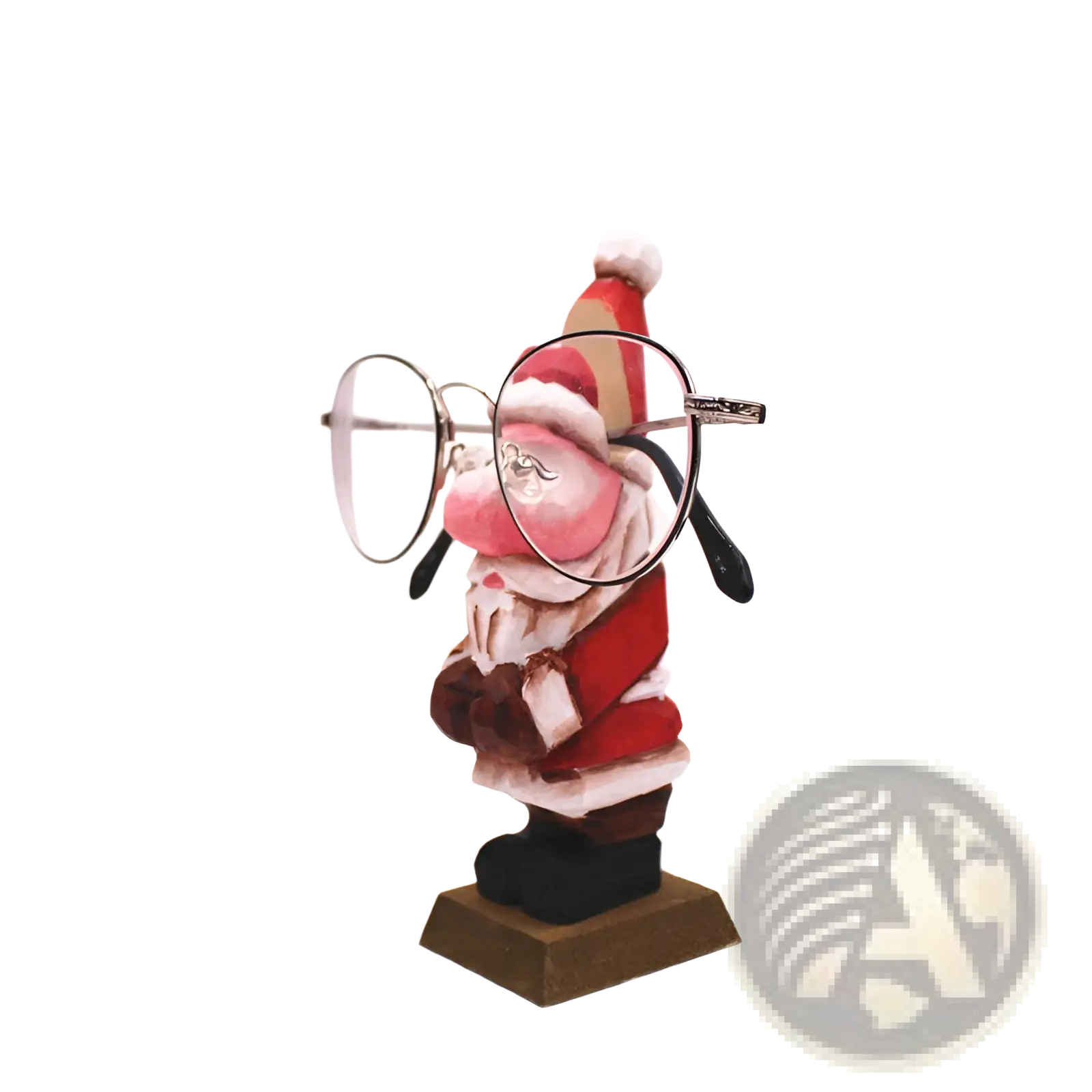 A wooden santa claus glasses holder figurine with red and white hat black boots and round-framed glasses for home decor