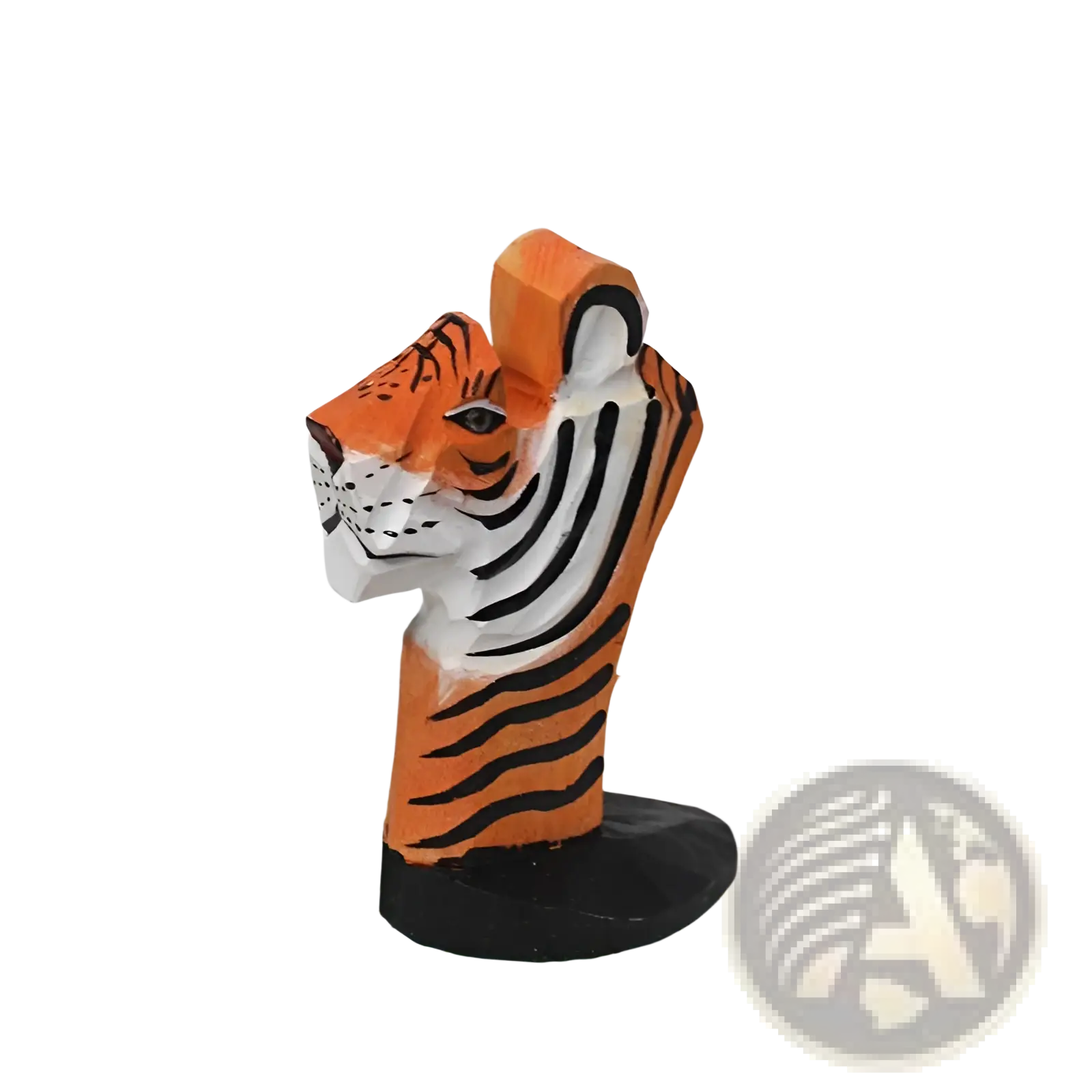 Wooden animal glasses holder featuring a hand-carved orange and black tiger head with white accents on a black base