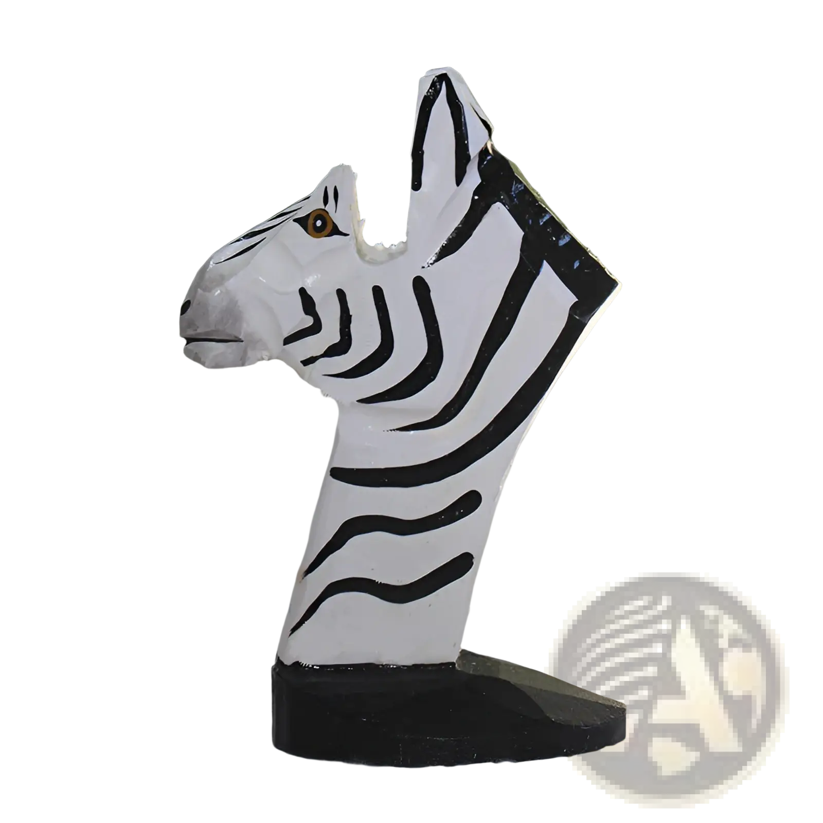 Hand-carved white wooden zebra head glasses holder with black stripes and brown eye on black base for home decor