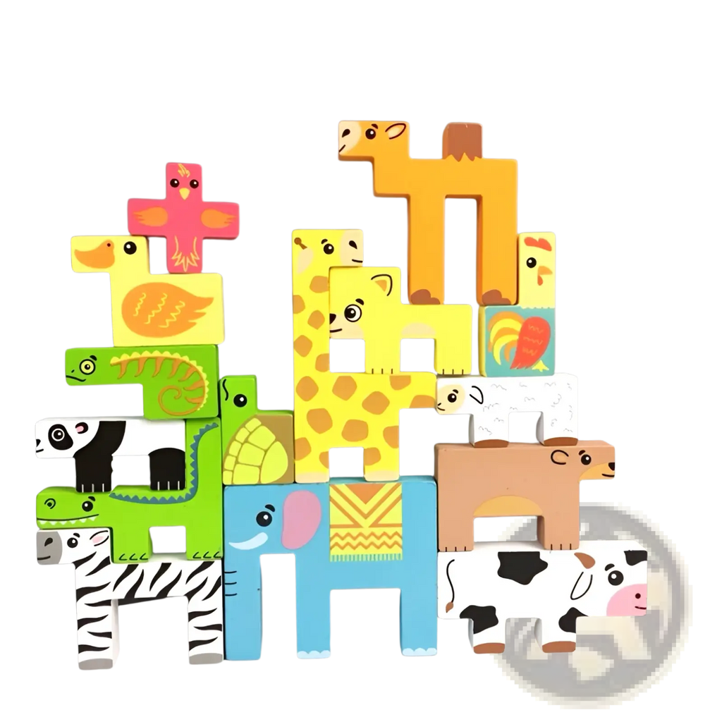 Colorful wooden animal-shaped stacking blocks with playful cartoon designs in a wooden animal puzzle maze toy