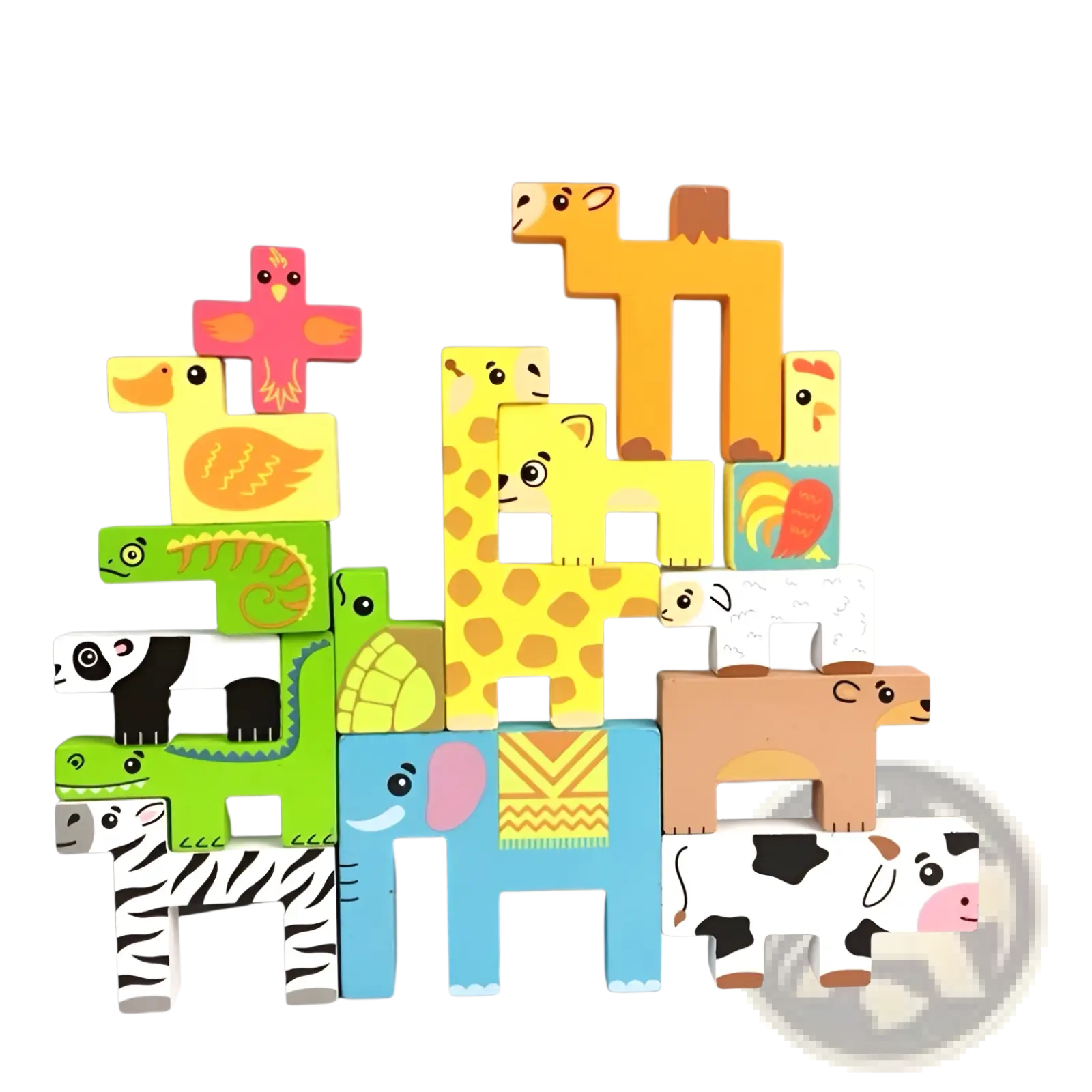 Colorful wooden animal-shaped stacking blocks with playful cartoon designs in a wooden animal puzzle maze toy