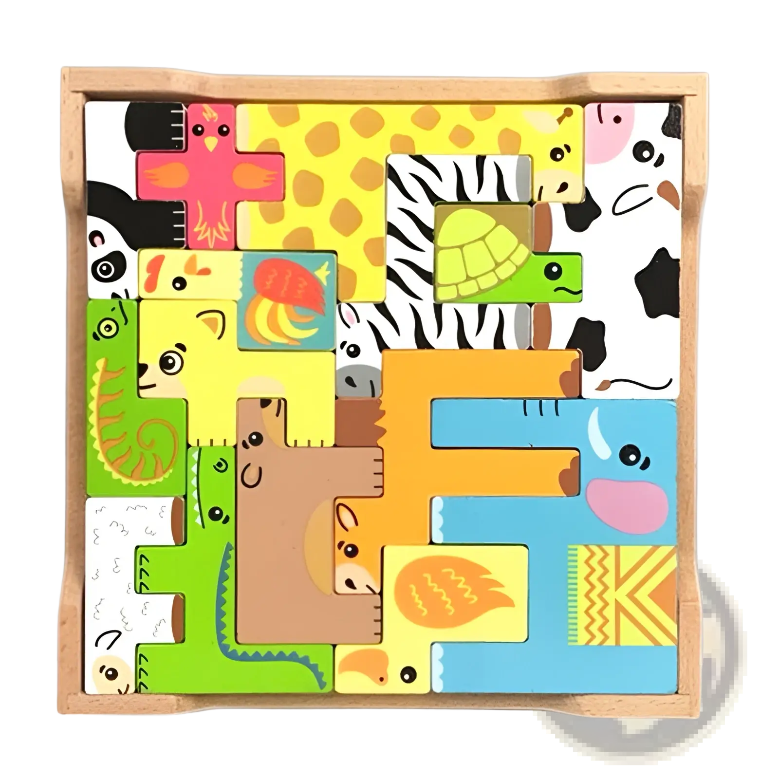 Colorful wooden animal puzzle maze stacking blocks toy in a light wood tray for educational play