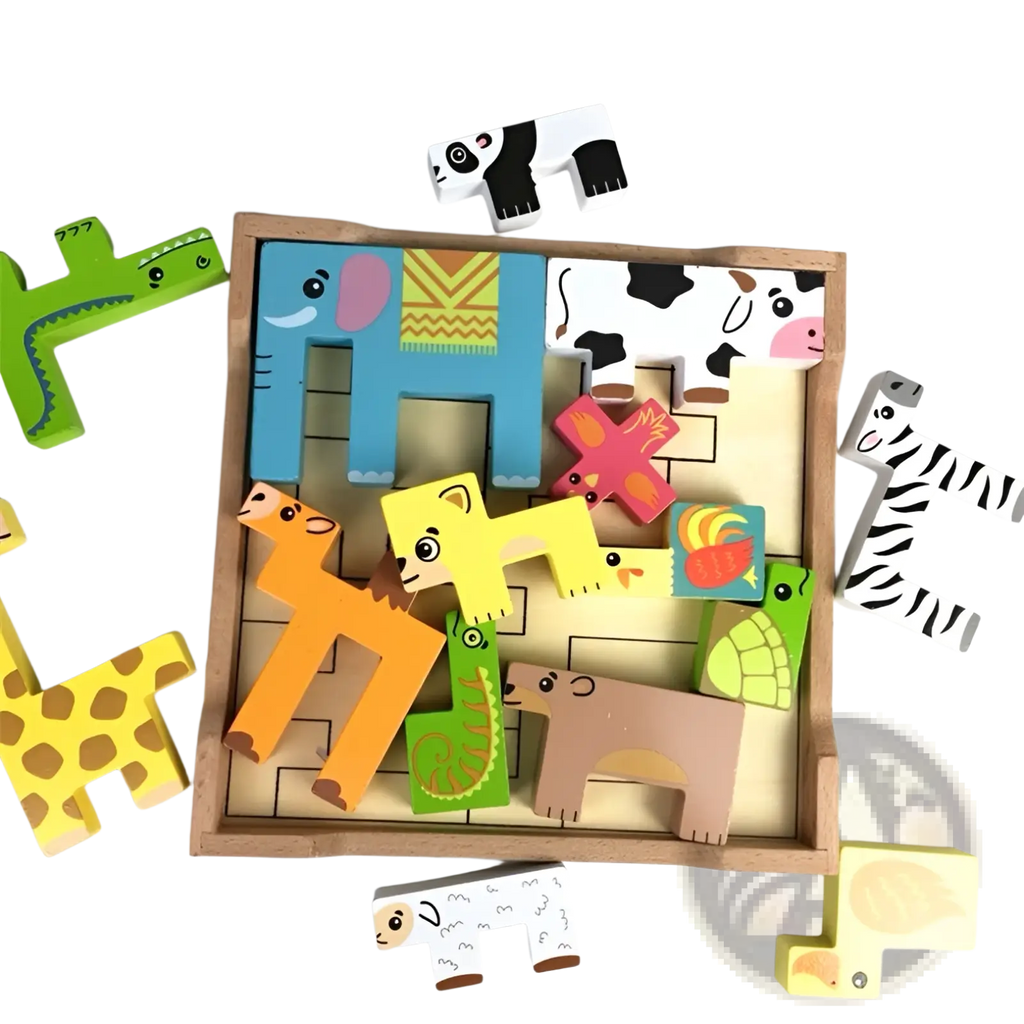 Colorful wooden animal puzzle maze stacking blocks toy with painted cartoon animals in a light wood frame