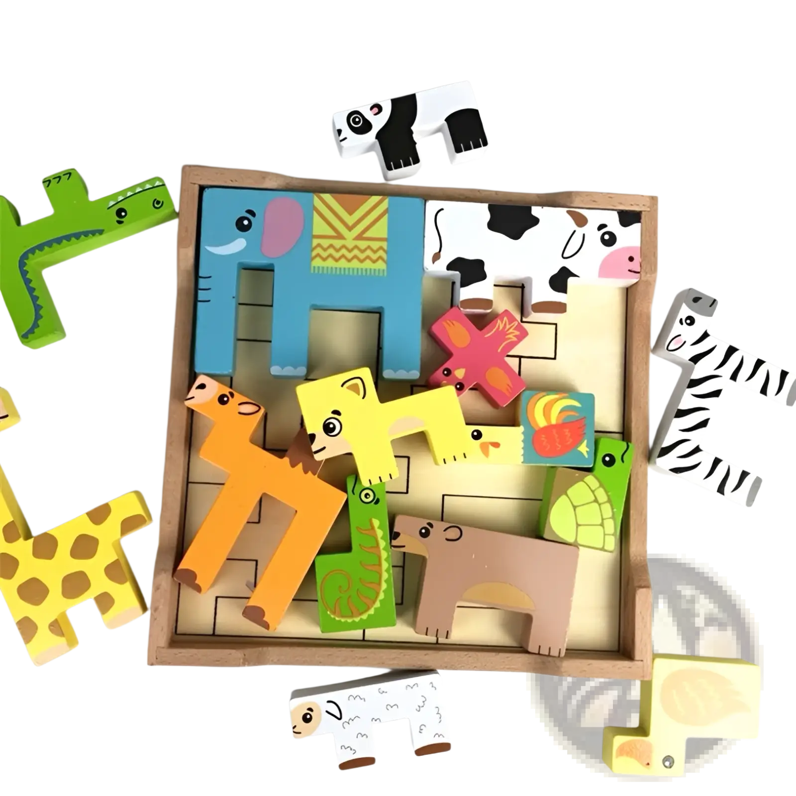 Colorful wooden animal puzzle maze stacking blocks toy with painted cartoon animals in a light wood frame