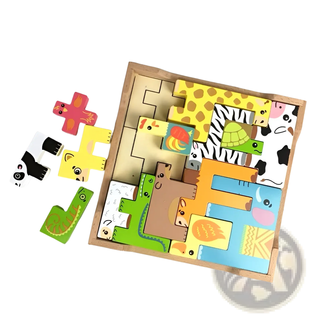 Colorful wooden animal puzzle maze stacking blocks toy with animal-shaped pieces arranged in a maze-like tray