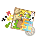 Colorful wooden animal puzzle maze stacking blocks toy with animal-shaped pieces arranged in a maze-like tray