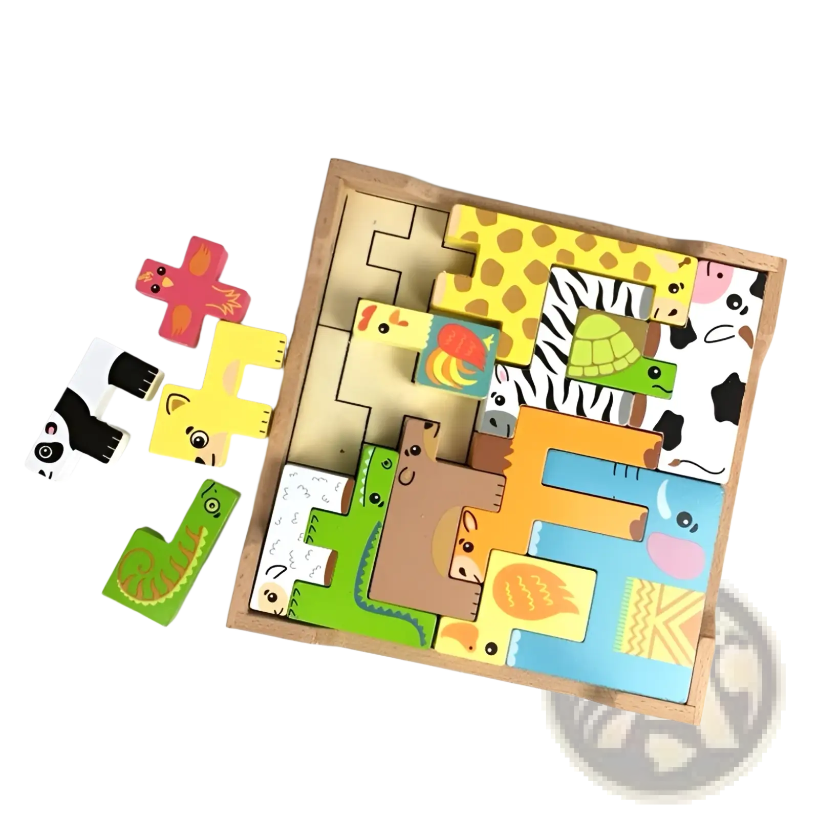 Colorful wooden animal puzzle maze stacking blocks toy with animal-shaped pieces arranged in a maze-like tray