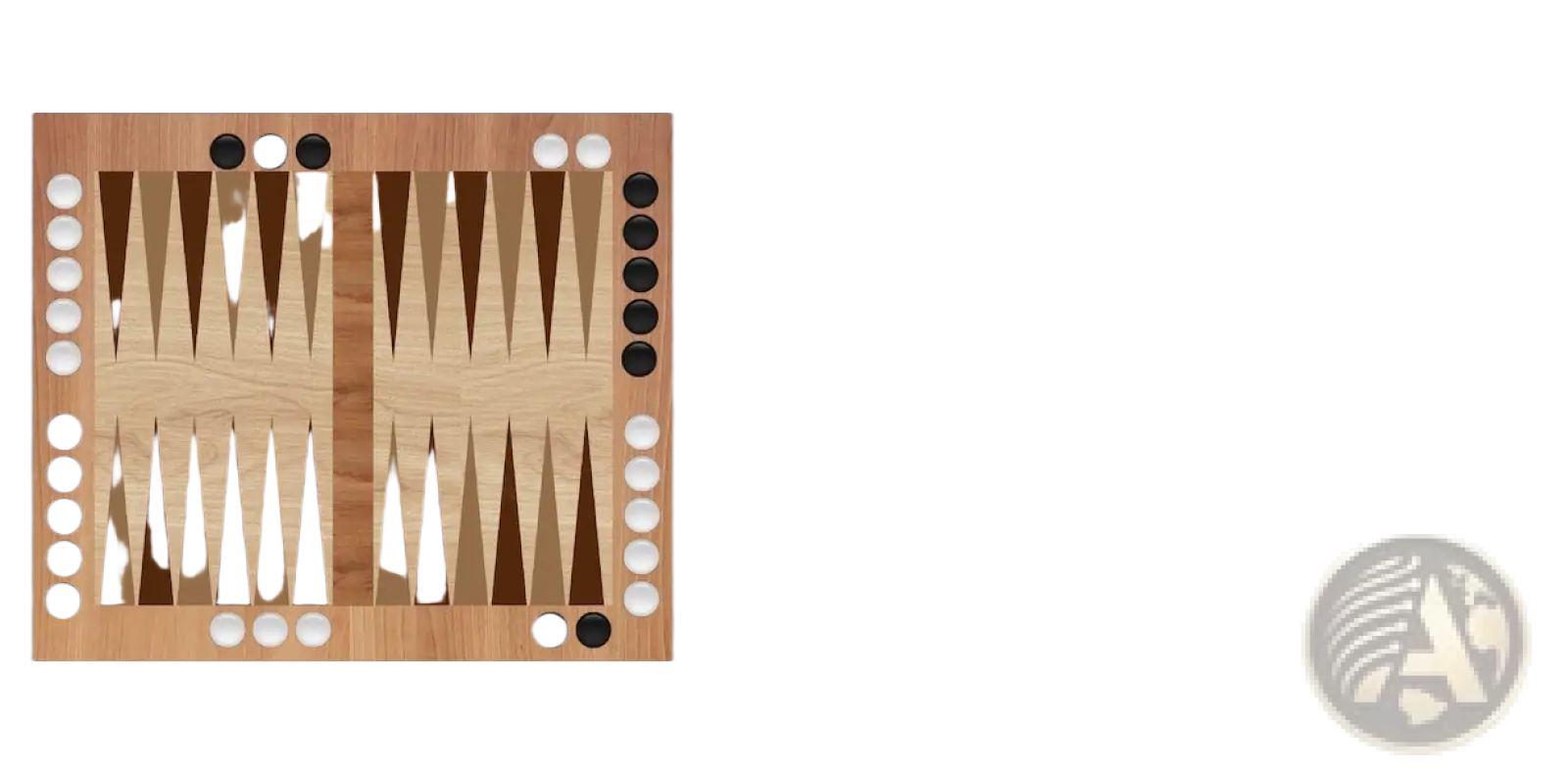 A light brown wooden backgammon board with dark brown points and black and white checkers in starting positions
