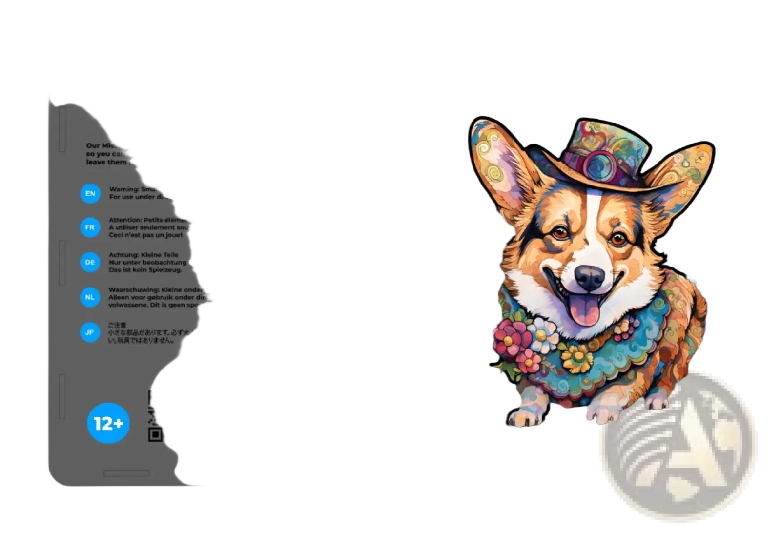 Colorful wooden animal and yin yang jigsaw puzzle set featuring a cheerful corgi with top hat and floral collar