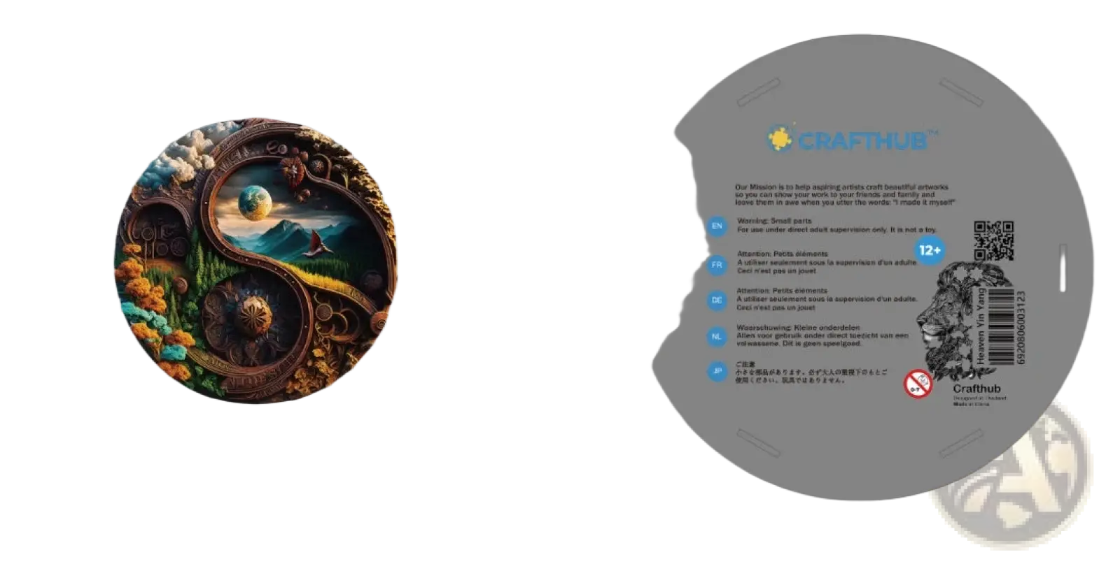 A circular wooden animal and yin yang jigsaw puzzle by crafthub featuring detailed yin-yang landscapes in natural wood tones