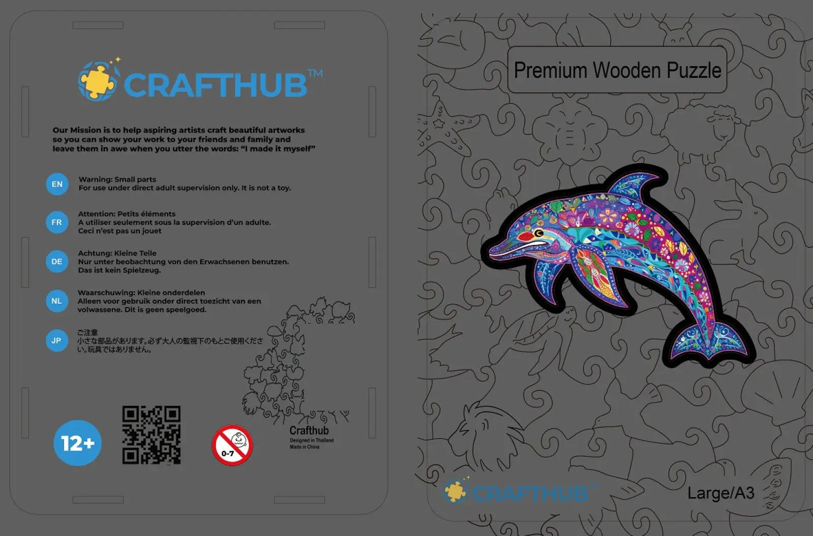 A vibrant dolphin-shaped wooden puzzle with intricate design from crafthub in the wooden animal and yin yang set